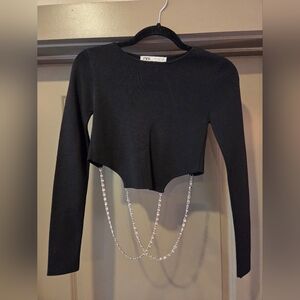 Zara Black Cropped Top with Silver Chain Accent